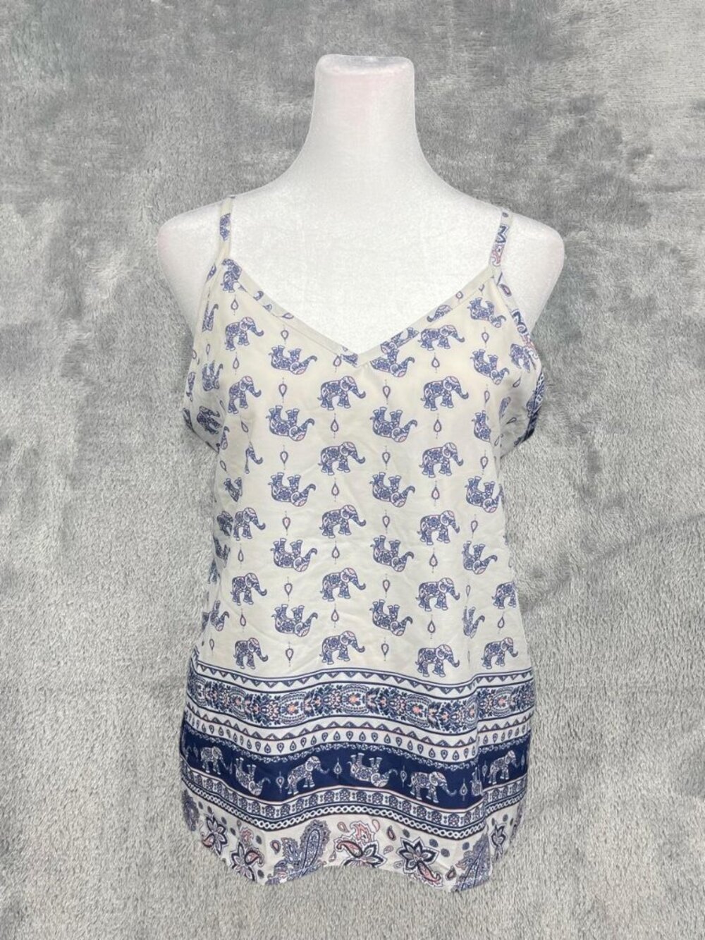 IJOAH Elephant Print Linen Blend Cami Tank Top Womens Small Boho Blue Ivory